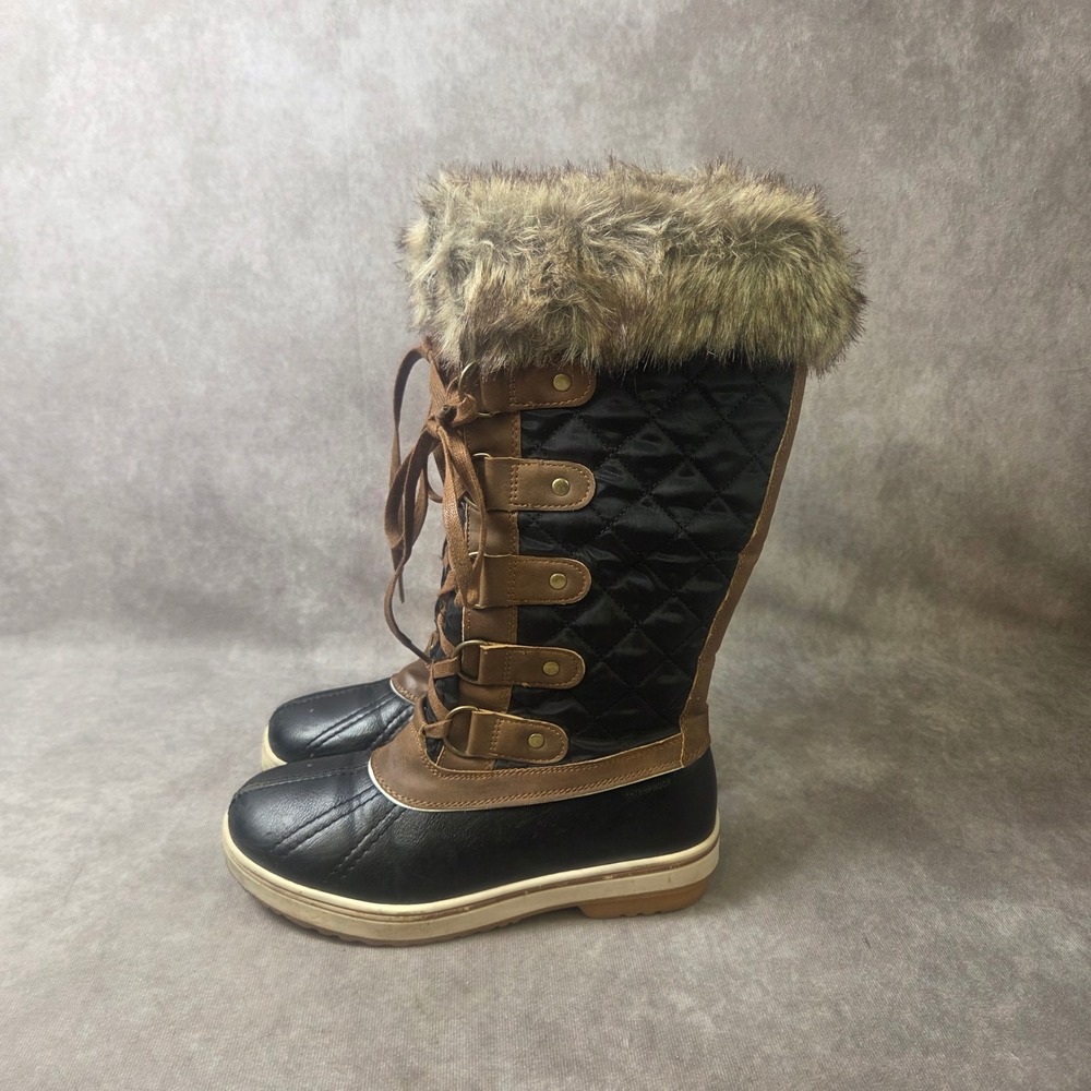 Aleader Womens Black Brown Quilted Faux Fur Winter Snow Duck Boots Size 6